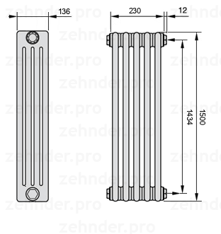 Схема (чертеж) Радиатор Zehnder Charleston 4150/5 №7610 Белый глянцевый RAL 9016